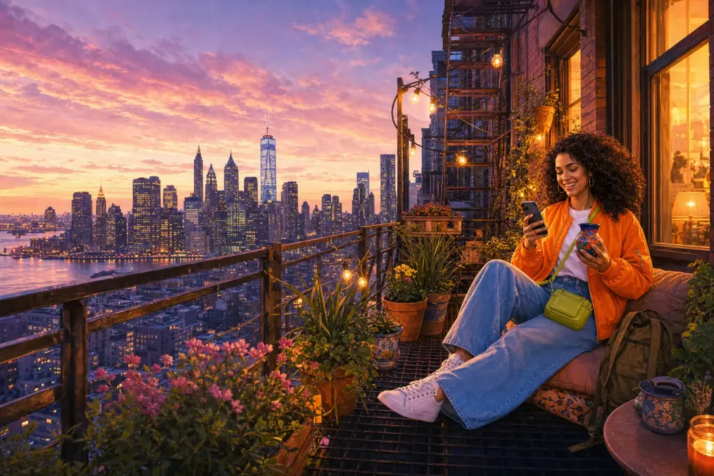 Illustration: on Sunday night the traveller relaxes in her Brooklyn fire-escape garden, the Manhattan skyline twinkling at dusk.