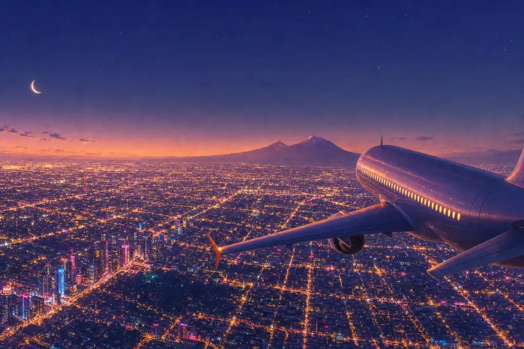 Illustration: at night a passenger plane with glowing windows banks over the endless glittering lights of Mexico City, two volcanoes on the horizon.