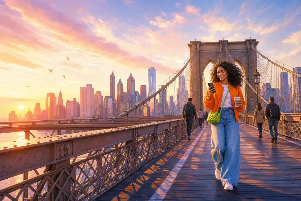 Illustration: at sunrise on the Brooklyn Bridge, a young woman in an orange bomber jacket smiles at her phone with a coffee in hand, the Manhattan skyline glowing pink and gold behind her.